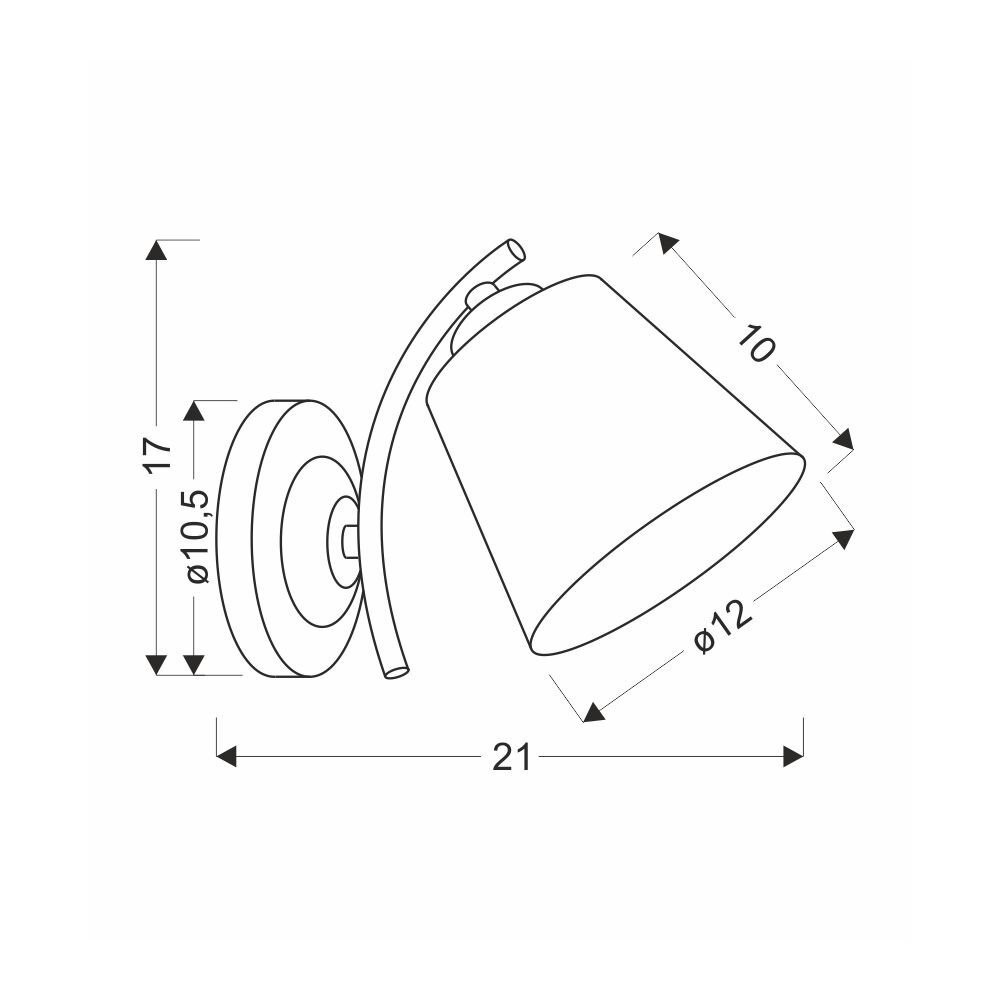 Schematyczny rysunek kinkietu ściennego z wymiarami: wysokość 17 cm, średnica podstawy 10,5 cm, długość 21 cm, średnica klosza 12 cm, odległość od ściany 10 cm.