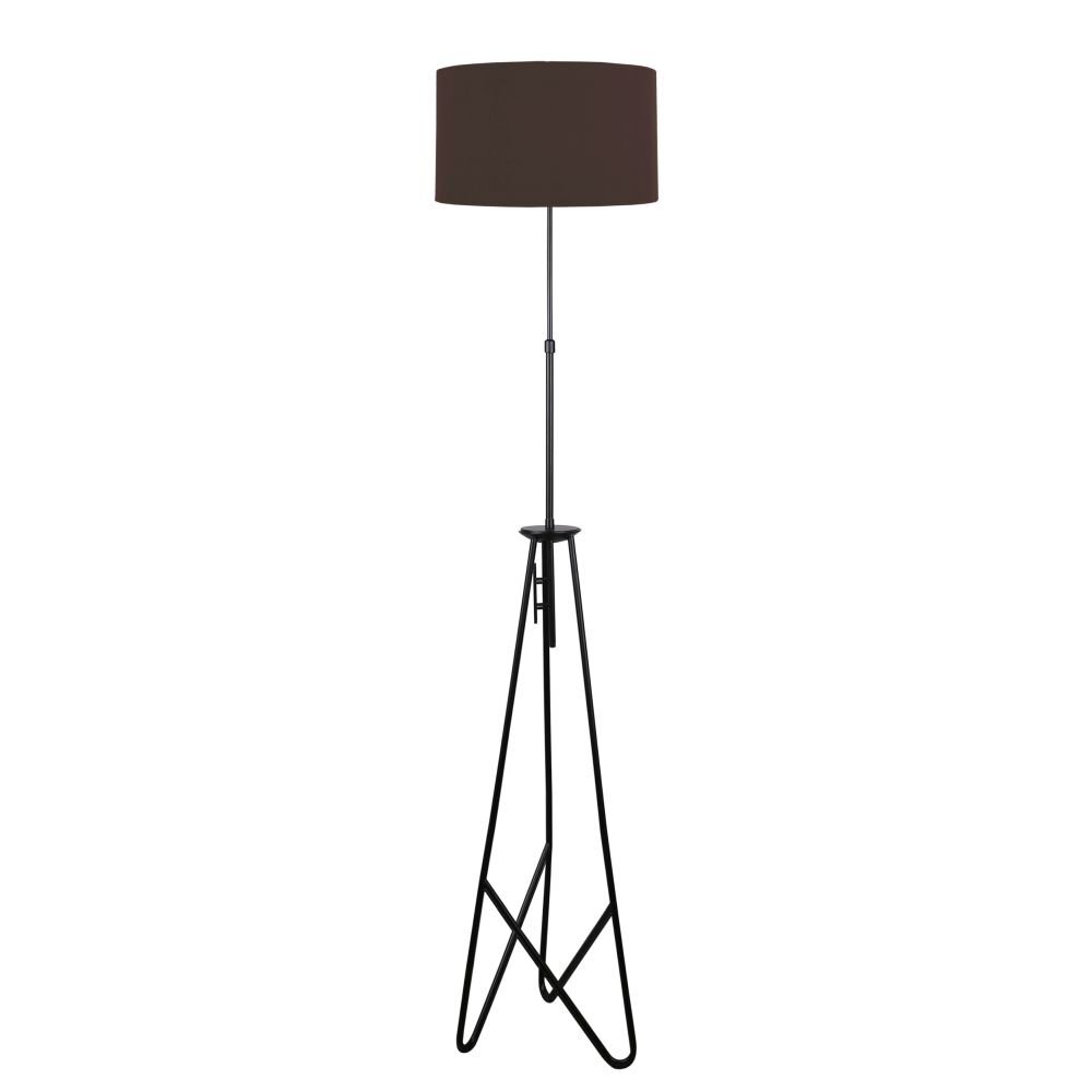 Lampa podłogowa z czarnym, metalowym stelażem o geometrycznym kształcie oraz ciemnym, cylindrycznym abażurem. Produkt jest przedstawiony na białym tle.