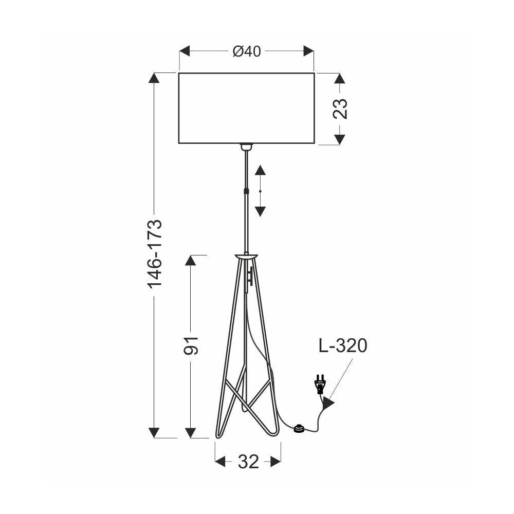 Schemat lampy podłogowej z wymiarami: wysokość regulowana od 146 do 173 cm, średnica klosza 40 cm, wysokość klosza 23 cm, wysokość podstawy 91 cm, szerokość podstawy 32 cm, długość przewodu 320 cm.