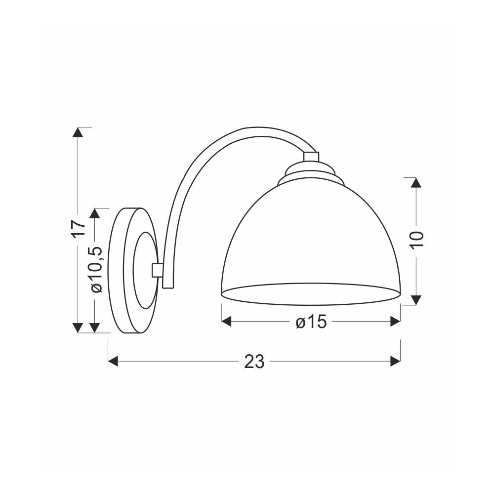 Schematyczny rysunek kinkietu ściennego z wymiarami: wysokość 17 cm, średnica podstawy 10,5 cm, średnica klosza 15 cm, wysokość klosza 10 cm, długość całkowita 23 cm.