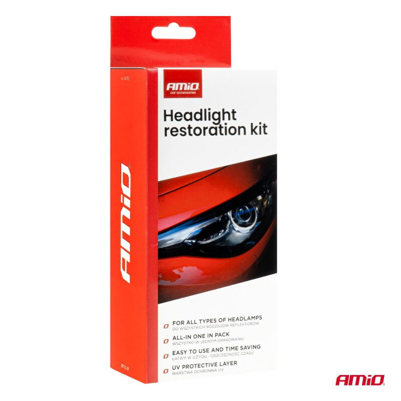 Opakowanie zestawu do polerowania reflektorów AMiO z widocznym tekstem: \'Headlight restoration kit\', \'FOR ALL TYPES OF HEADLAMPS\', \'ALL-IN ONE IN PACK\', \'EASY TO USE AND TIME SAVING\', \'UV PROTECTIVE LAYER\'.