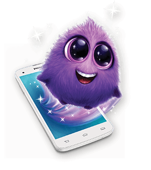 Na obrazie znajduje się animowana, fioletowa postać z dużymi oczami i uśmiechem, unosząca się nad smartfonem z logo PHILIPS. W tle widoczne są błyszczące efekty świetlne.