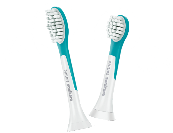 Dwie końcówki szczoteczki sonicznej PHILIPS Sonicare z białymi włosiami i turkusowymi elementami. Obok nich widoczne są napisy \'7+\' i \'3+\'.