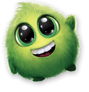 Zielona, puszysta postać z dużymi, błyszczącymi oczami i szerokim uśmiechem.