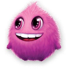 Różowa, futrzasta postać z dużymi oczami i szerokim uśmiechem.