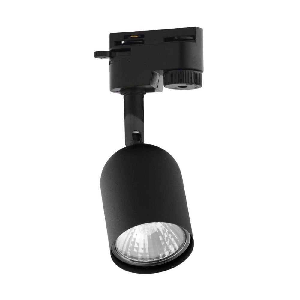 Czarny reflektor szynowy z cylindrycznym kloszem i mocowaniem do szyny. Lampa ma nowoczesny design i jest przeznaczona do oświetlenia punktowego wnętrz.