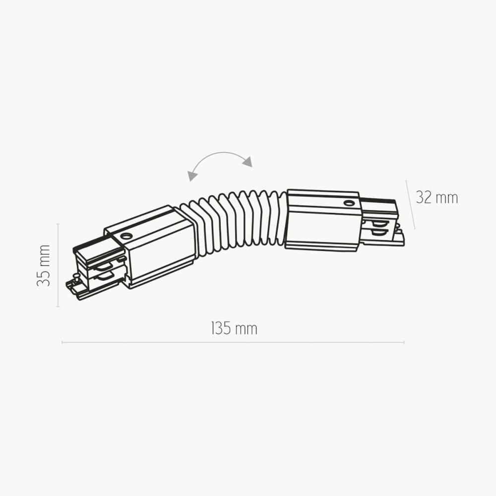 Ilustracja przedstawia elastyczny łącznik 3-fazowy z wymiarami: 135 mm długości, 35 mm wysokości i 32 mm szerokości. Łącznik ma segmenty z elastycznym przegubem pośrodku, umożliwiającym ruch.
