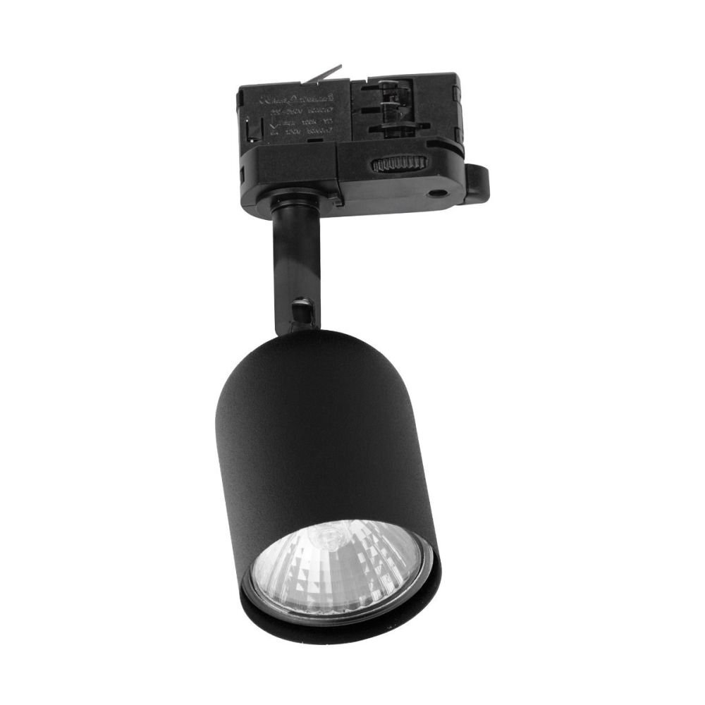 Czarna lampa reflektorowa z regulowanym reflektorem, przeznaczona do montażu na szynoprzewodzie. Widoczny jest mechanizm mocujący z drobnymi napisami technicznymi.