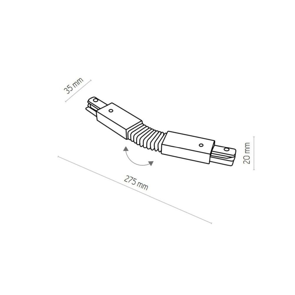 Schematyczny rysunek elastycznego łącznika 1-fazowego do szynoprzewodu z wymiarami: 35 mm szerokości, 20 mm wysokości i 275 mm długości. Widoczne są strzałki wskazujące możliwość zgięcia elementu.