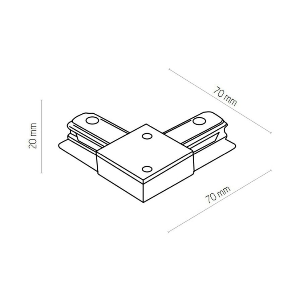 Rysunek techniczny przedstawia łącznik kątowy o wymiarach 70 mm na 70 mm i wysokości 20 mm. Element ma kształt litery L z trzema otworami na śruby.