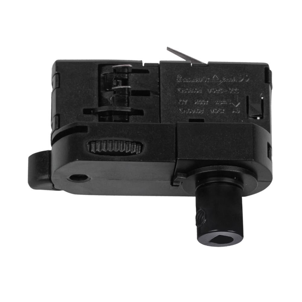 Czarny adapter do szynoprzewodu 3-fazowego z widocznymi elementami montażowymi i złączem. Na powierzchni znajdują się oznaczenia techniczne i symbole.