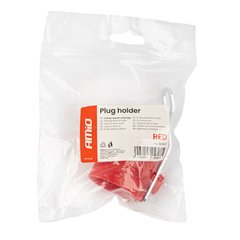 Opakowanie z przezroczystej folii zawiera czerwony uchwyt wtyczki AMiO. Na etykiecie widnieje napis \'Plug holder\' oraz \'RED\'.