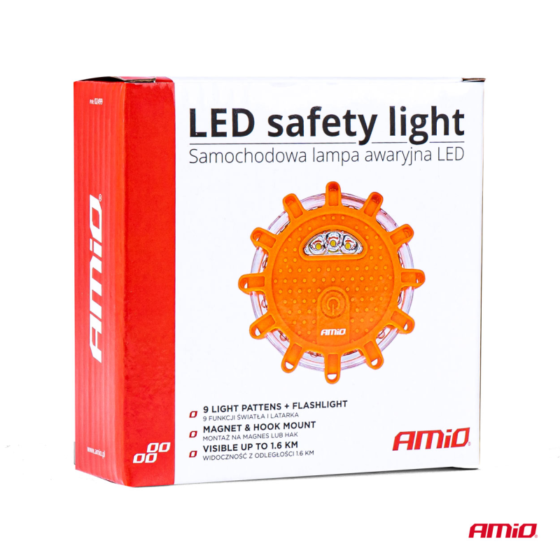Opakowanie produktu z napisem \'LED safety light Samochodowa lampa awaryjna LED\'. Widoczna jest pomarańczowa lampa z logo \'AMiO\' oraz informacje o funkcjach: 9 funkcji światła, montaż na magnes lub hak, widoczność do 1,6 km.