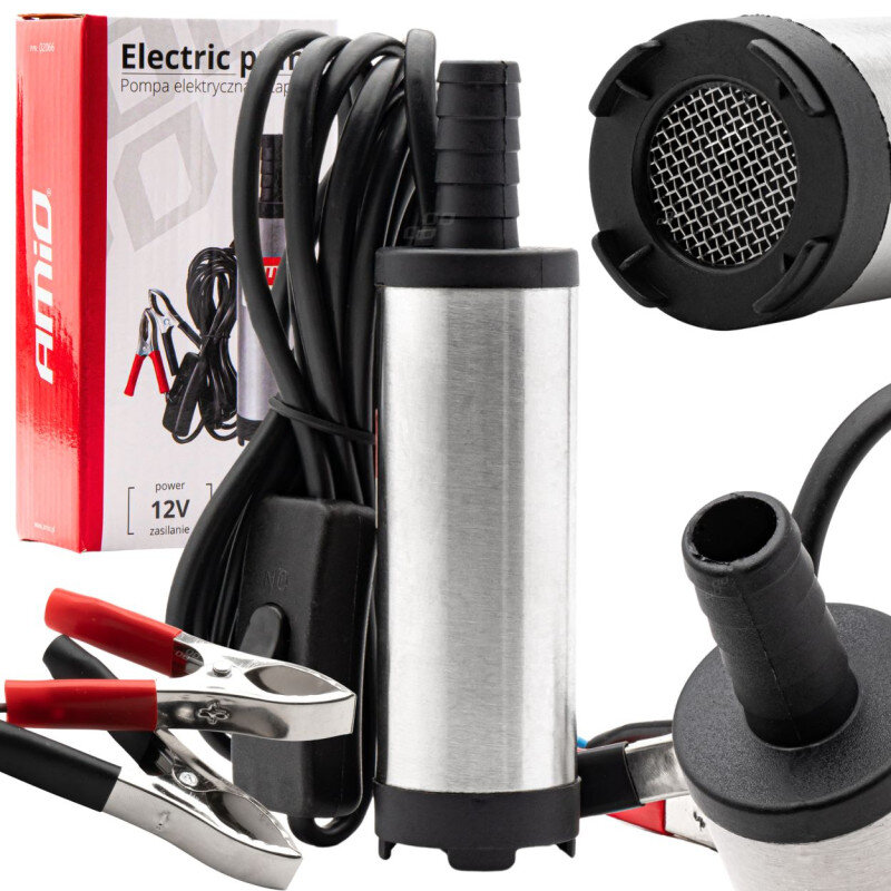 Na obrazie widoczna jest metalowa pompa elektryczna z przewodami i klipsami, obok znajduje się pudełko z napisem \'Electric pump Pompa elektryczna zanurzeniowa\', \'AMiO\', \'power 12V zasilanie\'.