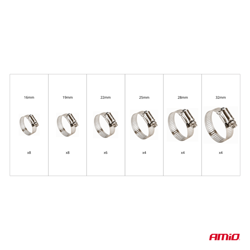 Obraz przedstawia zestaw metalowych opasek zaciskowych w różnych rozmiarach: 16mm, 19mm, 22mm, 25mm, 28mm, 32mm, z odpowiednią ilością sztuk: x8, x8, x6, x4, x4, x4. W prawym dolnym rogu widoczne jest logo \'AMiO\'.