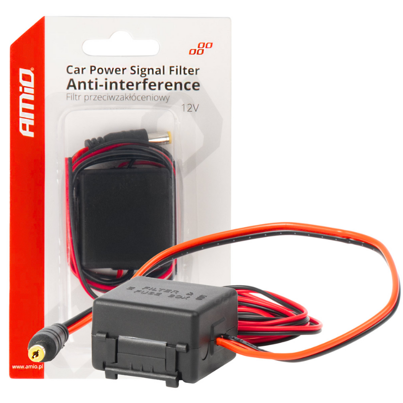 Opakowanie produktu \'Filtr Samochodowy AMiO Przeciwzakłóceniowy Przetwornica 24V Na 12V + Wtyczka\' z widocznym logo AMiO oraz tekstem \'Car Power Signal Filter Anti-interference Filtr przeciwzakłóceniowy 12V\'.
