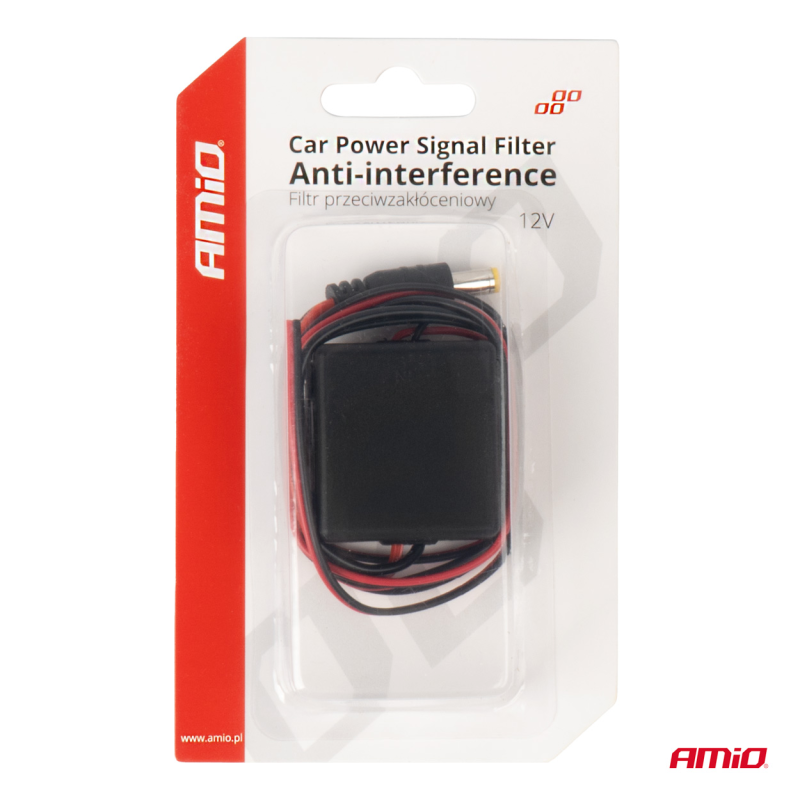 Opakowanie produktu z napisem \'Car Power Signal Filter Anti-interference Filtr przeciwzakłóceniowy 12V\'. Widoczny jest czarny filtr z czerwonymi i czarnymi przewodami oraz logo \'AMiO\'.