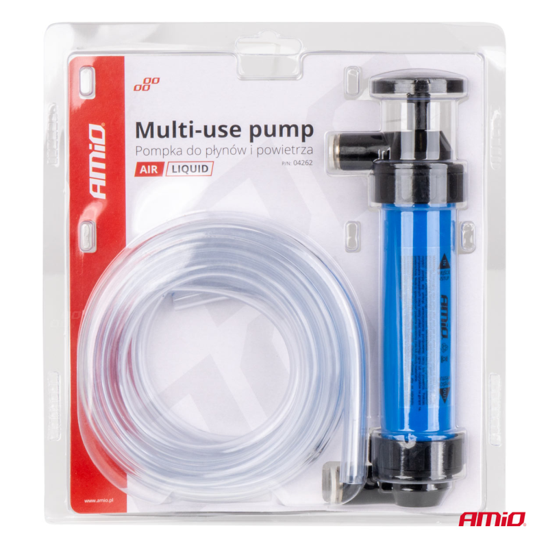Opakowanie zawiera niebieską pompkę ręczną z przezroczystym wężem. Na opakowaniu widnieje tekst: \'AMiO Multi-use pump Pompka do płynów i powietrza\'.