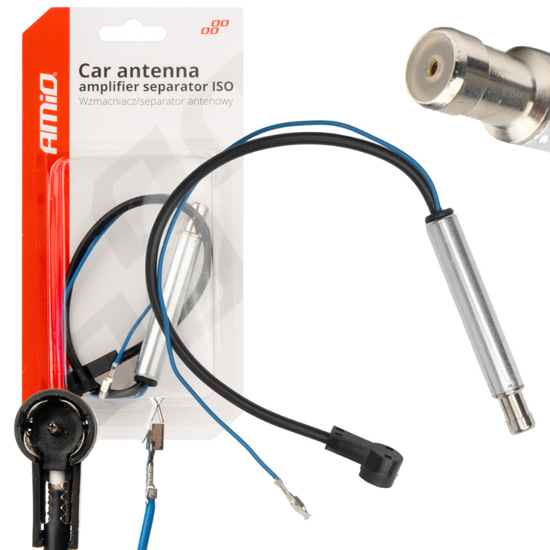 Opakowanie produktu z napisem \'Car antenna amplifier separator ISO Wzmacniacz/separator antenowy\' oraz logo AMiO. Widoczny jest metalowy element z przewodami zakończonymi złączami.