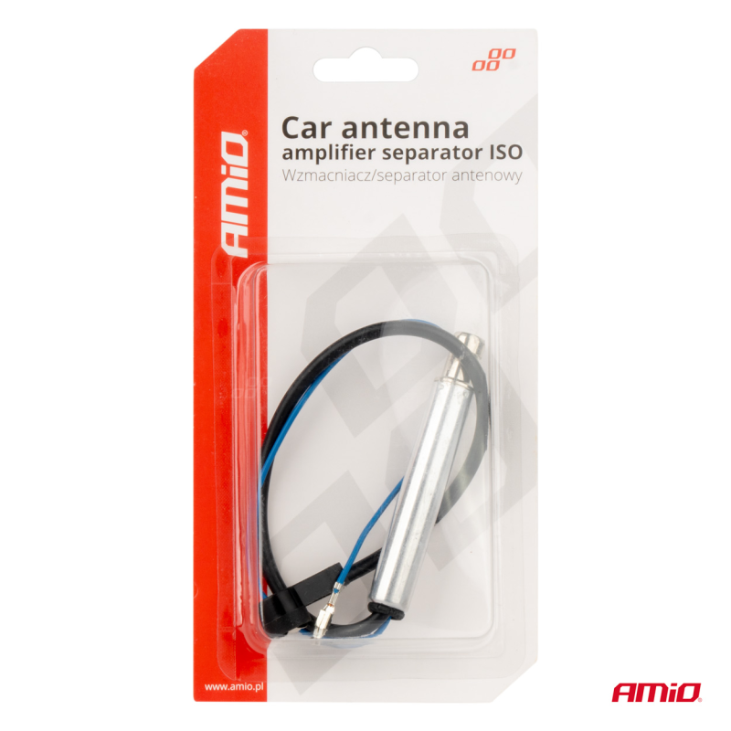 Opakowanie produktu z napisem \'Car antenna amplifier separator ISO Wzmacniacz/separator antenowy\'. Wewnątrz znajduje się metalowy element z przewodami, a na opakowaniu widoczne jest logo \'AMiO\'.