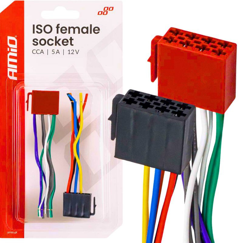 Zdjęcie przedstawia produkt \'Wtyk Kostka Gniazdo ISO AMiO Gniazdo Radia z Kablami Zasilający + Głośnikowy\' w opakowaniu z napisem \'ISO female socket CCA | 5A | 12V\'. Widoczne są kolorowe przewody oraz logo \'AMiO\' na opakowaniu.