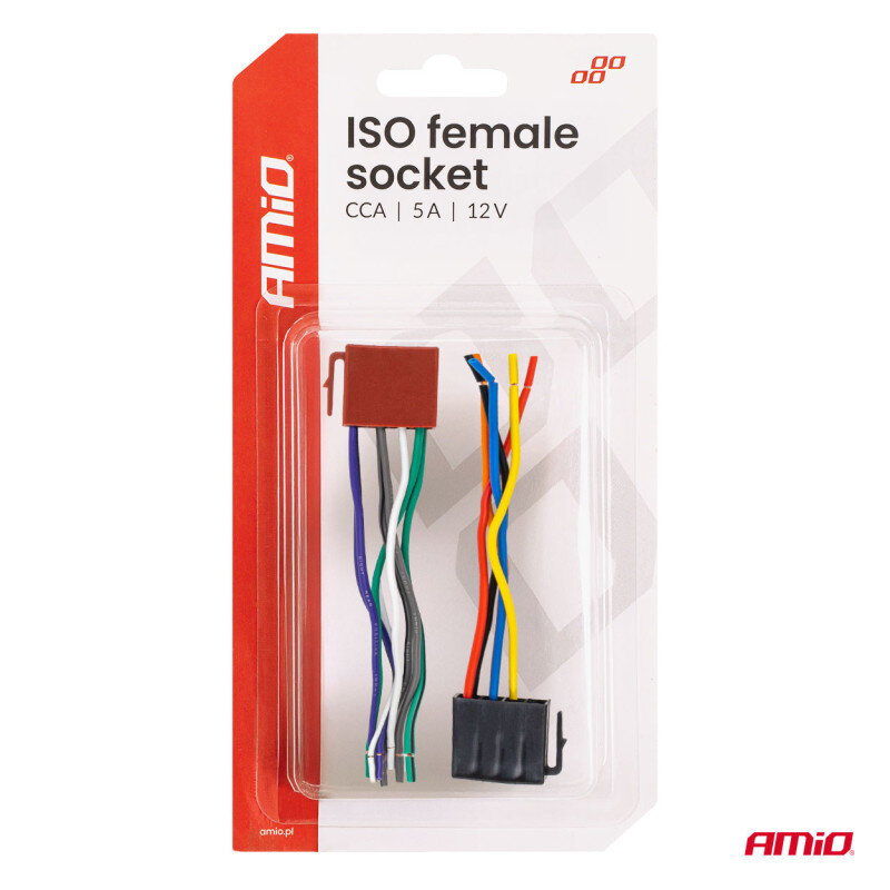 Opakowanie produktu z napisem \'ISO female socket CCA | 5A | 12V\' zawiera zestaw kabli z wtykami. Logo AMiO widoczne na opakowaniu.