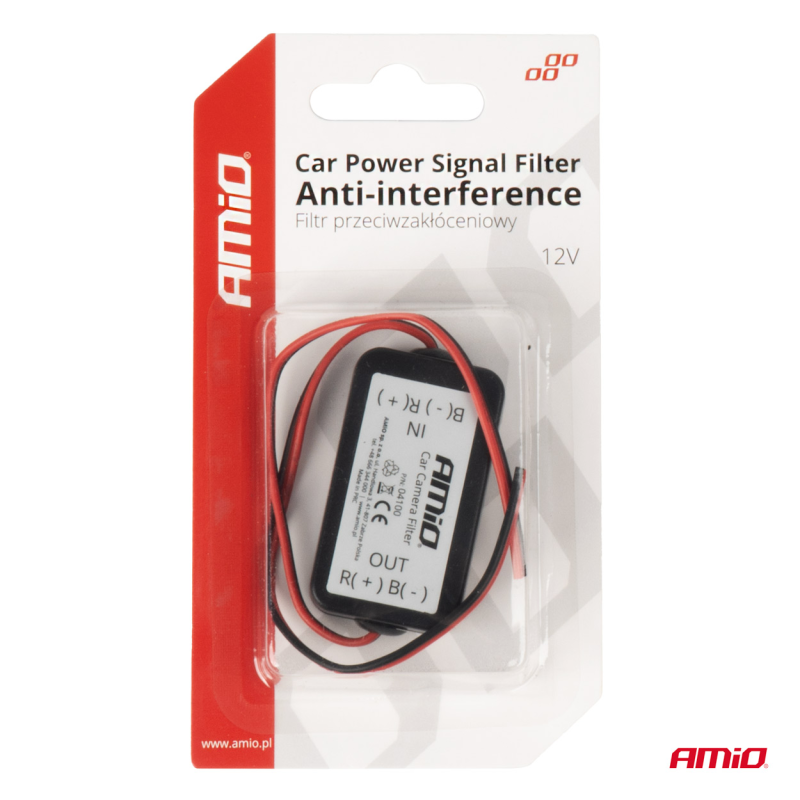 Opakowanie filtra przeciwzakłóceniowego AMiO z widocznymi kablami i oznaczeniami IN oraz OUT. Na opakowaniu znajduje się tekst: \'Car Power Signal Filter Anti-interference Filtr przeciwzakłóceniowy 12V\'.