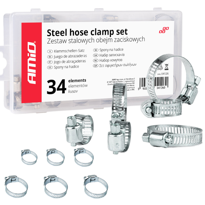Na obrazie widoczny jest zestaw stalowych obejm zaciskowych w plastikowym opakowaniu z napisem \'Steel hose clamp set Zestaw stalowych obejm zaciskowych 34 elements elementów\'. Przed opakowaniem znajduje się kilka metalowych obejm zaciskowych w różnych rozmiarach.