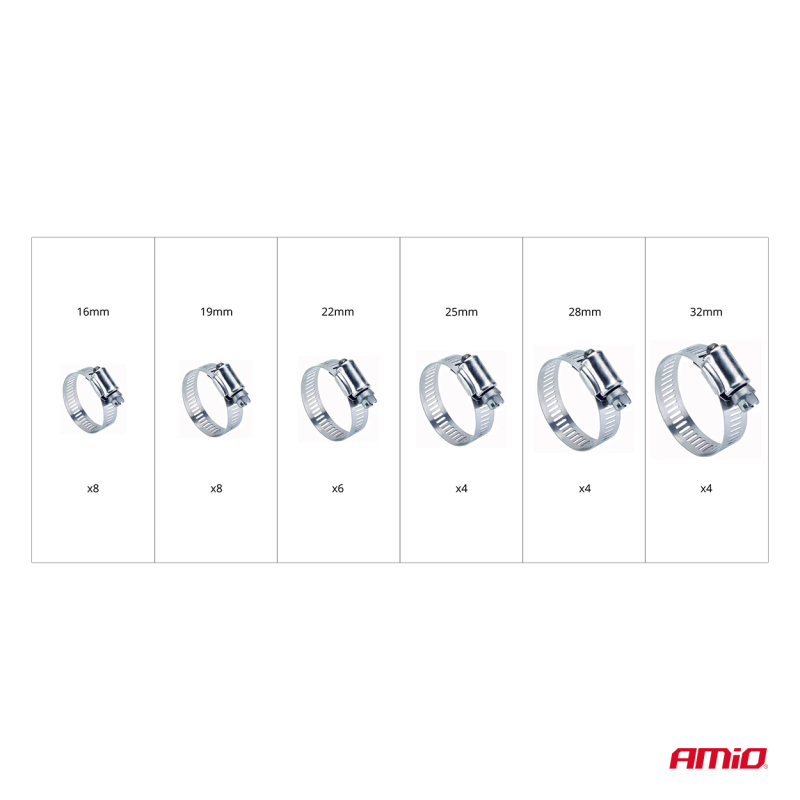 Obraz przedstawia zestaw metalowych opasek zaciskowych w różnych rozmiarach: 16mm, 19mm, 22mm, 25mm, 28mm i 32mm, z odpowiednią ilością sztuk: 8, 8, 6, 4, 4, 4. W prawym dolnym rogu widoczne jest logo \'AMiO\'.