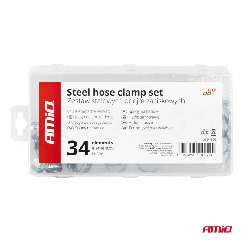 Plastikowe opakowanie z napisem \'Steel hose clamp set Zestaw stalowych obejm zaciskowych\' oraz logo \'AMiO\'. Zawiera 34 elementy, widoczny jest kod kreskowy i numer produktu 04126.