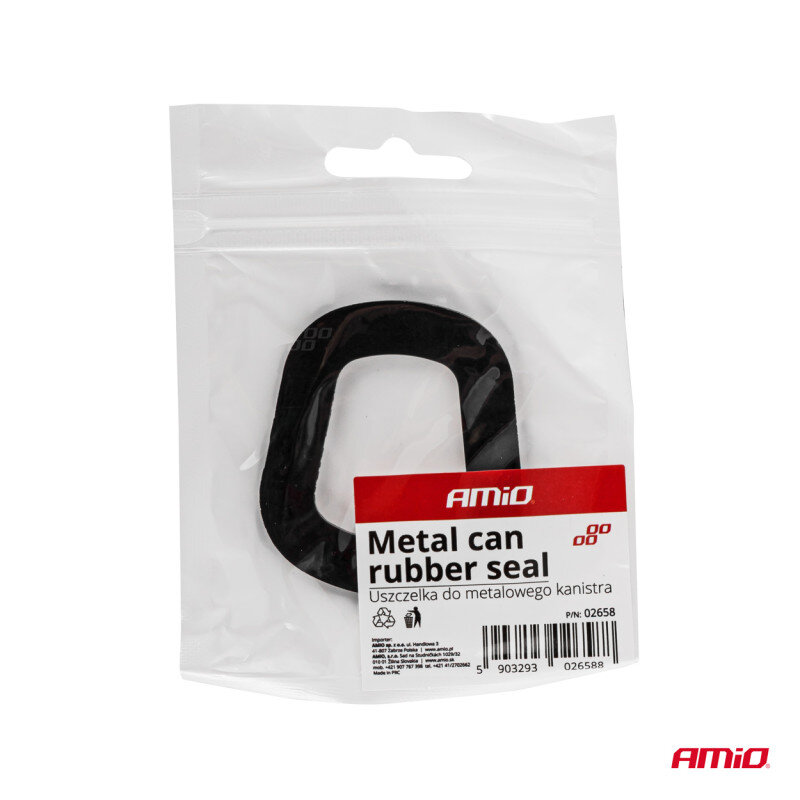 Na obrazie znajduje się opakowanie z przezroczystego plastiku zawierające czarną uszczelkę gumową. Na etykiecie widnieje napis: \'AMiO Metal can rubber seal Uszczelka do metalowego kanistra\'.