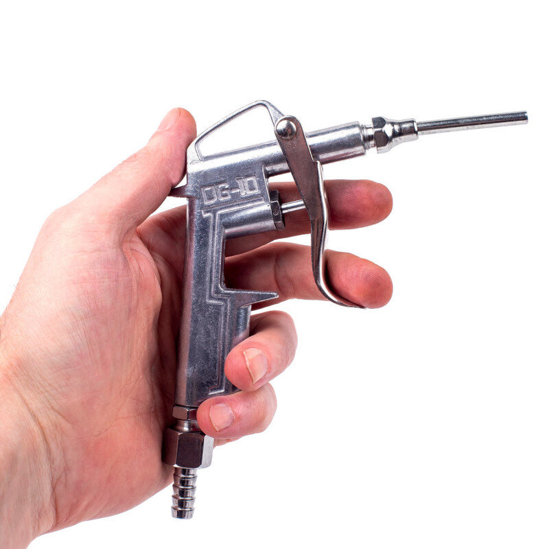 Metalowy pistolet do przedmuchu trzymany w dłoni, z widocznym napisem \'DG-10\' na korpusie.