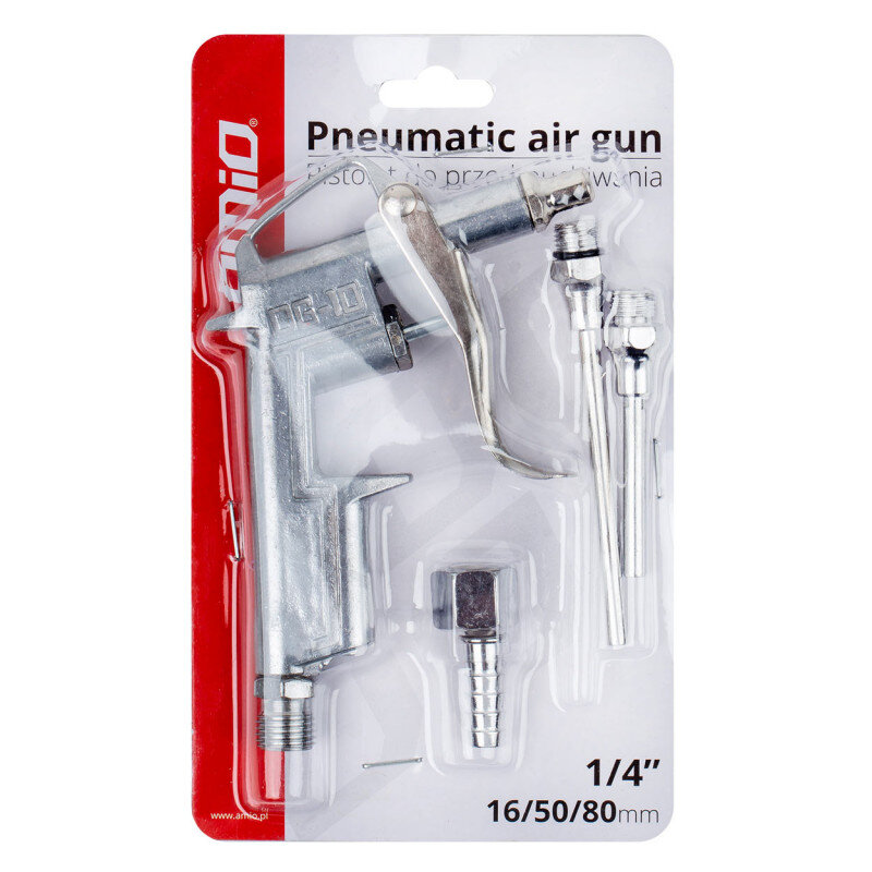 Na obrazku znajduje się pistolet pneumatyczny z trzema wymiennymi dyszami, zapakowany w przezroczyste opakowanie. Widoczny jest tekst: \'Pneumatic air gun\', \'Pistolet do przedmuchiwania\', \'1/4\