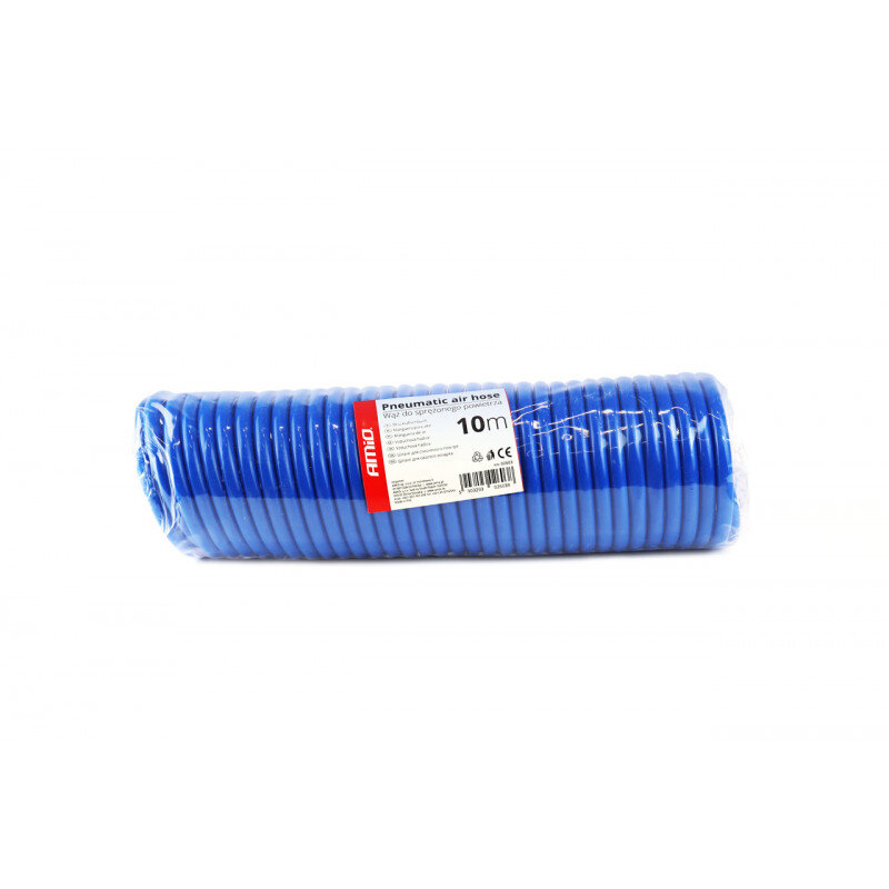 Zdjęcie przedstawia niebieski, spiralny wąż pneumatyczny zapakowany w przezroczystą folię. Na etykiecie widnieje napis: \'AMiO Pneumatic air hose Wąż do sprężonego powietrza 10m\'.