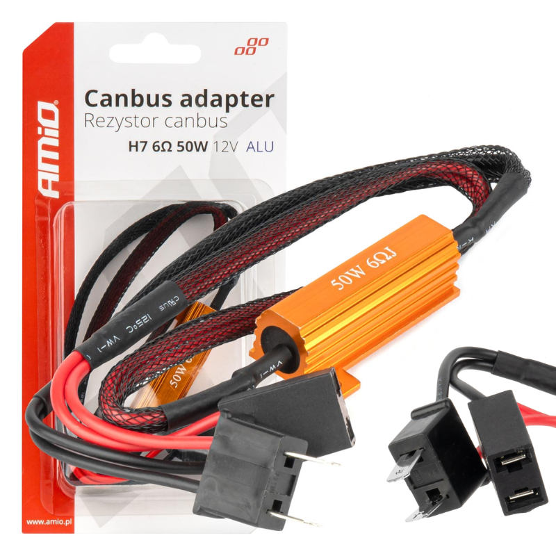 Zdjęcie przedstawia rezystor AMiO Canbus 50W Opornik Żarówek LED H7 50W 6Om 1Szt. Brak Błędu Żarówki w opakowaniu z widocznym tekstem: \'Canbus adapter, Rezystor canbus, H7 6Ω 50W 12V ALU\'.