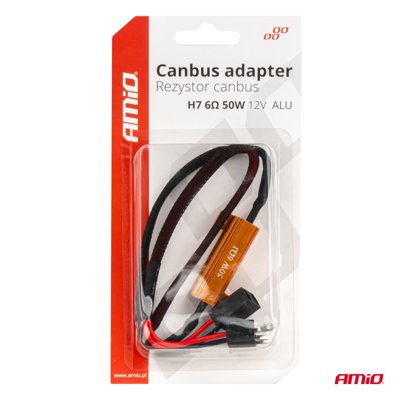 Opakowanie produktu z napisem \'Canbus adapter Rezystor canbus H7 6Ω 50W 12V ALU\'. Wewnątrz znajduje się rezystor w kolorze pomarańczowym z przewodami, a na opakowaniu widoczne jest logo \'AMiO\'.