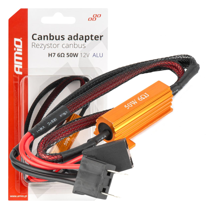 Rezystor AMiO Canbus 50W Opornik Żarówek LED H7 50W 6Om 1Szt. Brak Błędu Żarówki w opakowaniu z widocznym tekstem: \'Canbus adapter, Rezystor canbus, H7 6Ω 50W 12V ALU\'.