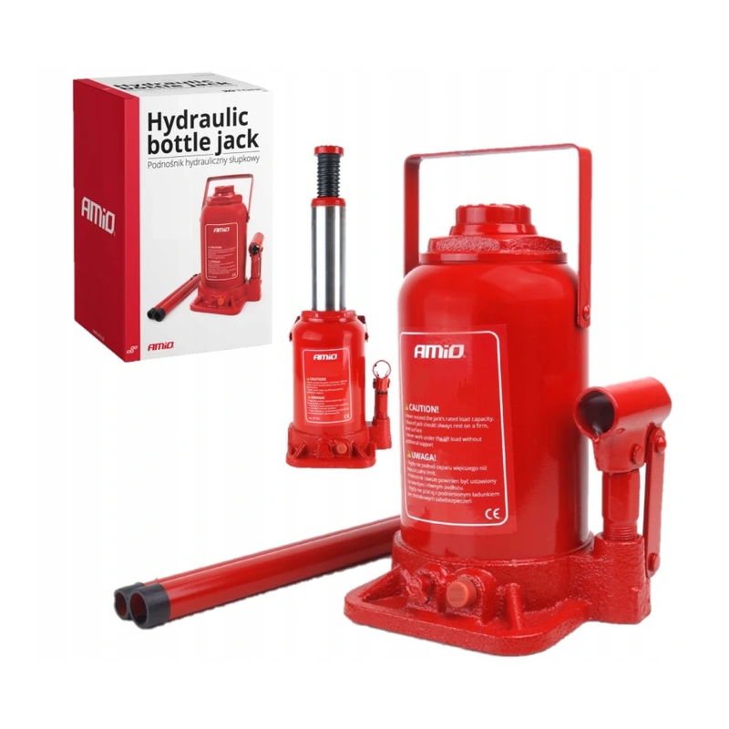 Na obrazie widoczny jest czerwony podnośnik hydrauliczny słupkowy z logo AMiO oraz opakowanie z napisem \'Hydraulic bottle jack Podnośnik hydrauliczny słupkowy\'.