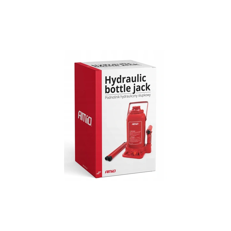 Opakowanie produktu z napisem \'Hydraulic bottle jack Podnośnik hydrauliczny słupkowy\' oraz logo \'AMiO\'. Widoczny jest czerwony podnośnik hydrauliczny na białym tle.