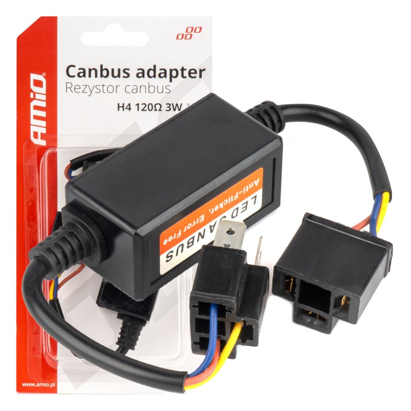 Rezystor AMiO Canbus Opornik Do Żarówek H4 LED 3W 120Om 1Szt Brak Błędu Żarówki na tle opakowania z napisem \'Canbus adapter Rezystor canbus H4 120Ω 3W 1szt\'.