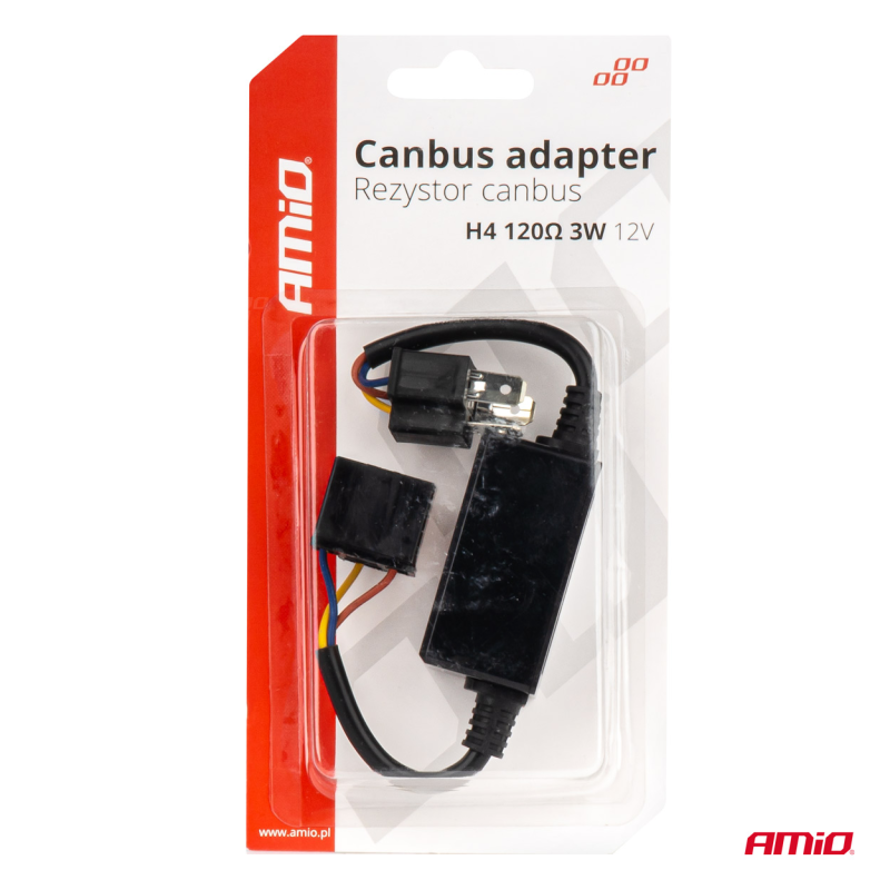 Opakowanie z napisem \'Canbus adapter Rezystor canbus H4 120Ω 3W 12V\' zawiera czarny adapter z przewodami. Logo \'AMiO\' widoczne na opakowaniu.
