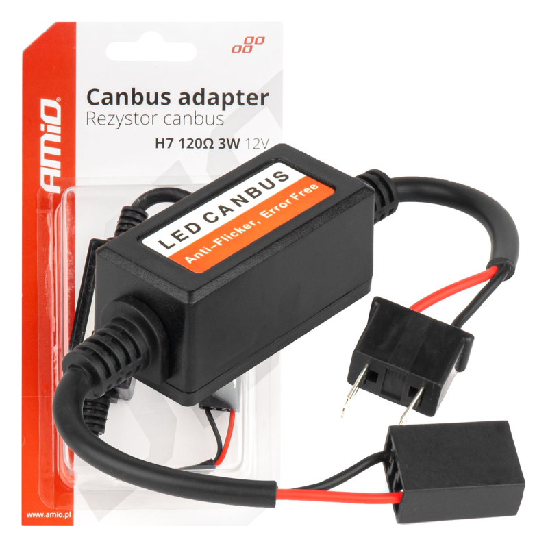 Produkt \'Rezystor AMiO Canbus Opornik Żarówek LED H7 3W 120 Om 1Szt. Brak Błędu Żarówki\' w opakowaniu z widocznym napisem \'LED CANBUS Anti-Flicker, Error Free\'. Opakowanie zawiera tekst \'Canbus adapter, Rezystor canbus, H7 120Ω 3W 12V\' oraz logo \'AMiO\'.