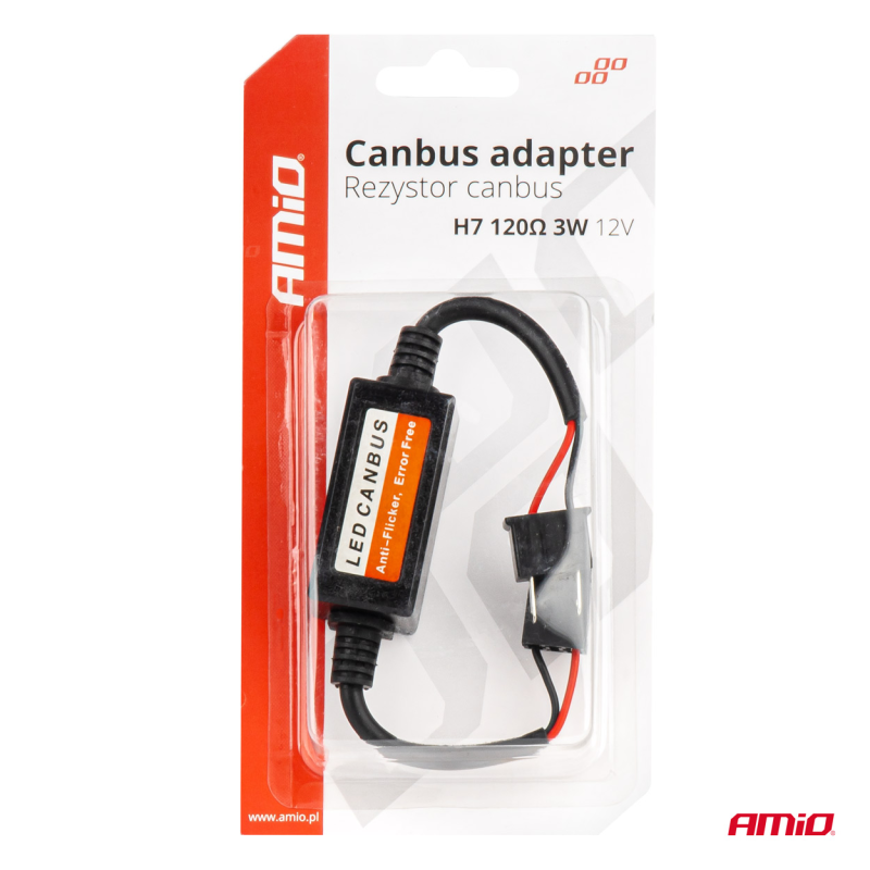 Opakowanie produktu z napisem \'Canbus adapter Rezystor canbus H7 120Ω 3W 12V\'. Wewnątrz znajduje się czarny adapter z etykietą \'LED CANBUS Anti-Flicker, Error Free\'.