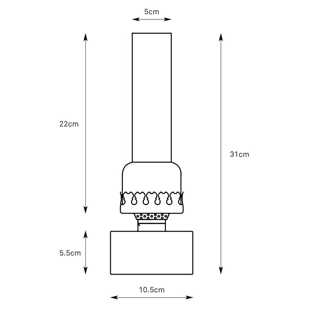 Schematyczny rysunek lampy stołowej z wymiarami: wysokość 31 cm, szerokość podstawy 10,5 cm, wysokość klosza 22 cm, średnica klosza 5 cm, wysokość podstawy 5,5 cm.