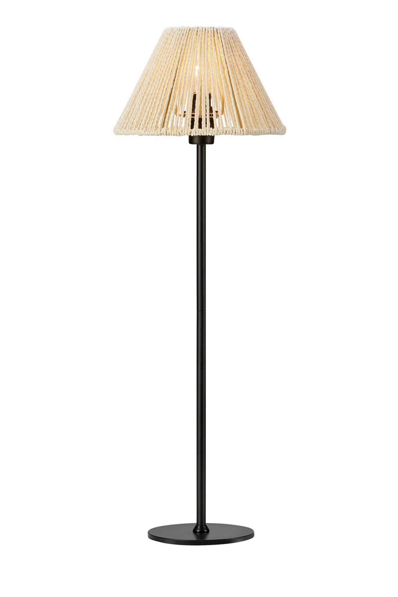 Lampa stołowa z czarną podstawą i abażurem z jasnego materiału, umieszczona na białym tle.