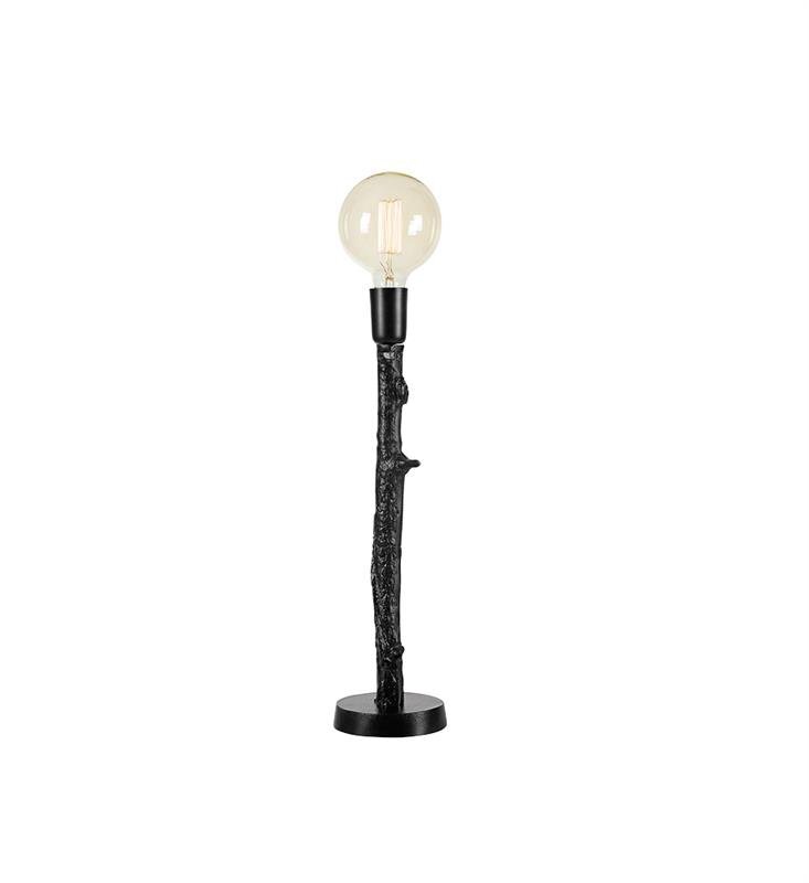Lampa stołowa z czarną podstawą przypominającą gałąź i przezroczystą żarówką na górze.