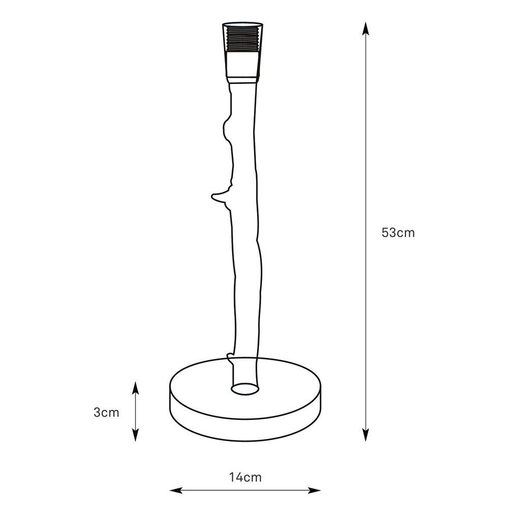 Schematyczny rysunek lampy stołowej z wymiarami: wysokość 53 cm, średnica podstawy 14 cm, wysokość podstawy 3 cm.