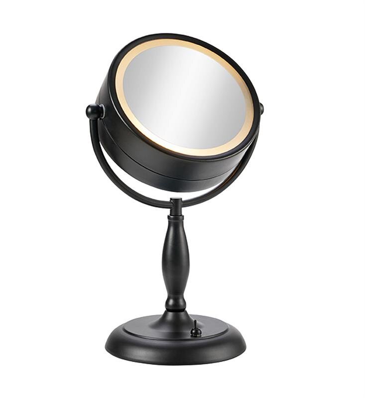 Czarna lampa stołowa z okrągłym lustrem, osadzona na eleganckiej podstawie z włącznikiem.