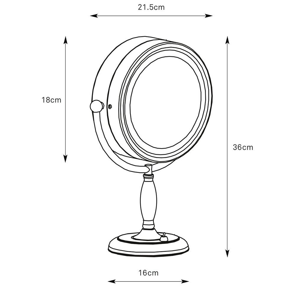 Ilustracja przedstawia schemat lampy stołowej z lustrem, z wymiarami: wysokość 36 cm, szerokość 21,5 cm, wysokość lustra 18 cm, szerokość podstawy 16 cm.