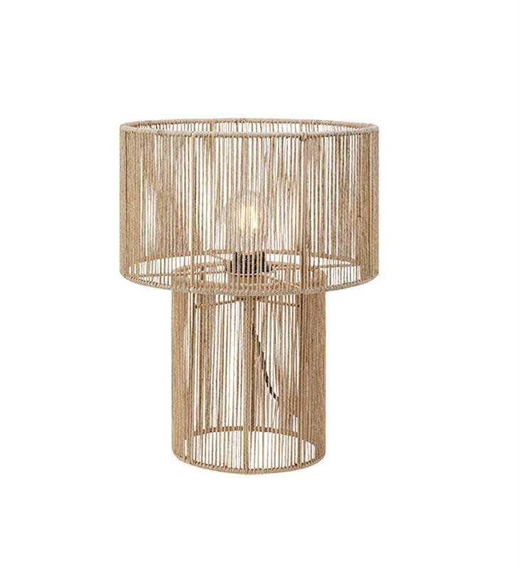 Lampa stołowa z ażurowym kloszem wykonanym z cienkich, jasnych prętów, przez które widoczna jest żarówka. Konstrukcja ma cylindryczny kształt z szerszą górną częścią.